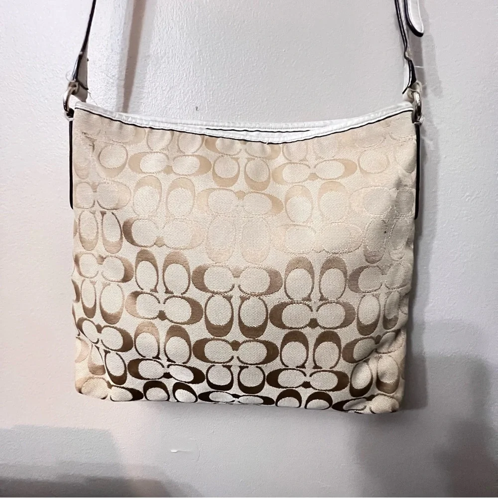 COACH F36378 Signature Classic Brown Leather/Khaki Jacquard Crossbody Bag